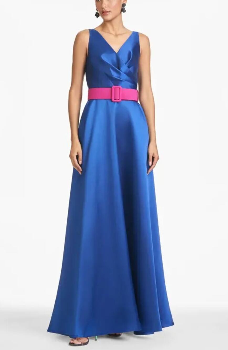 Sachin & Babi Rae Gown Eclipse Blue Fuchsia Belt Sz 4 NWT Glamorous A-Line Dress